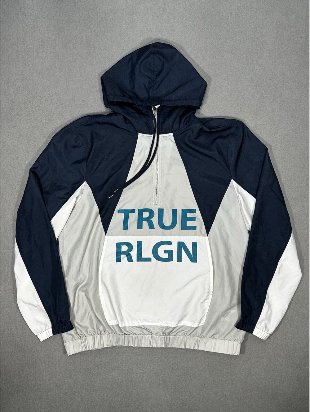 True Religion Men’s Windbreaker Size L Jacket Half Zip Hooded Anorak Colorblock